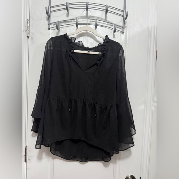 White House Black Market Tops - White House Black Market Bell Sleeve Swiss Dot Ruffle neck Blouse women’s 8 boho